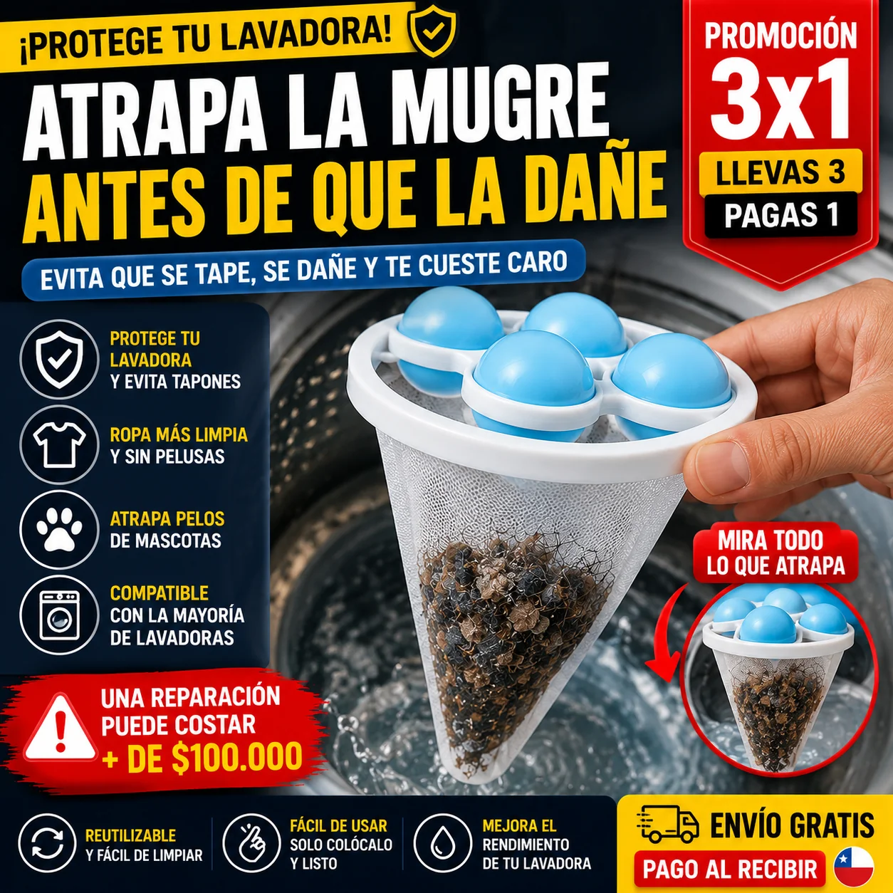 Filtro atrapa pelusas y mugre (Promoción 3x1) - Tu lavadora limpia y segura