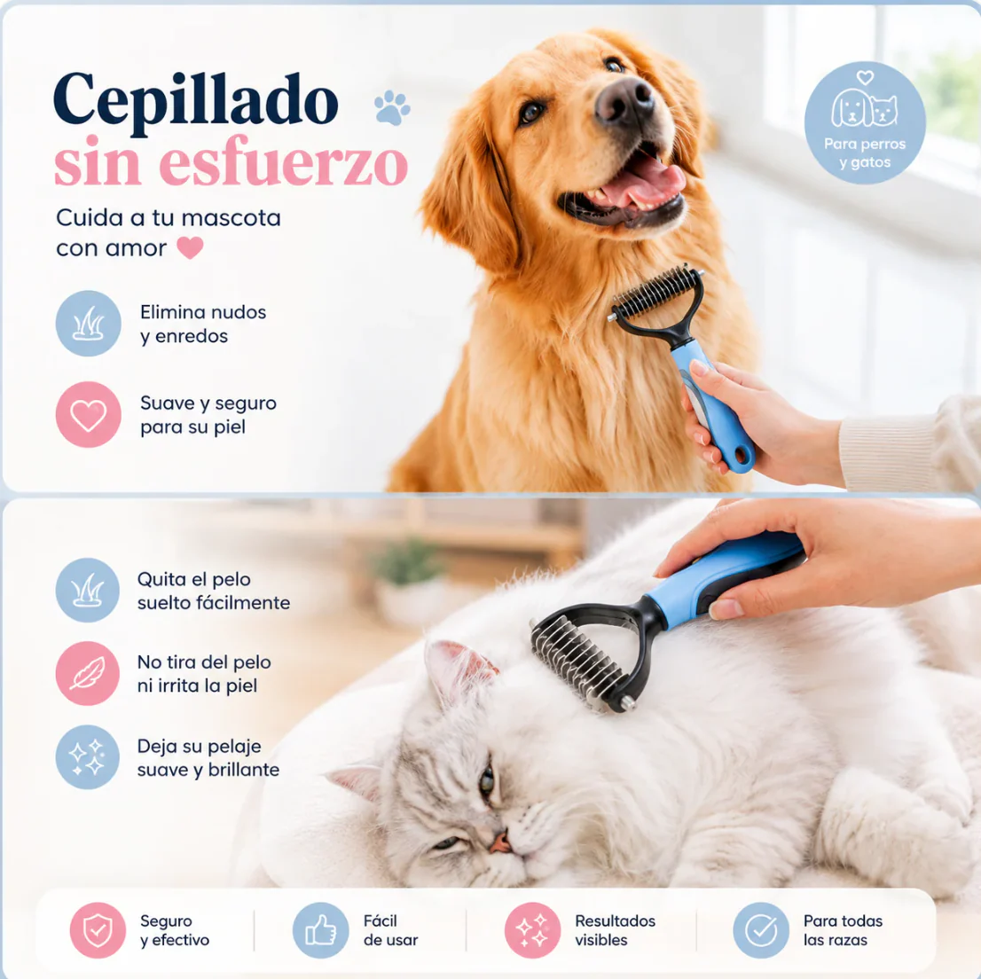 Cepillo Quita Nudos Profesional para Mascotas - "Desenreda y Deja el Pelo Suave"