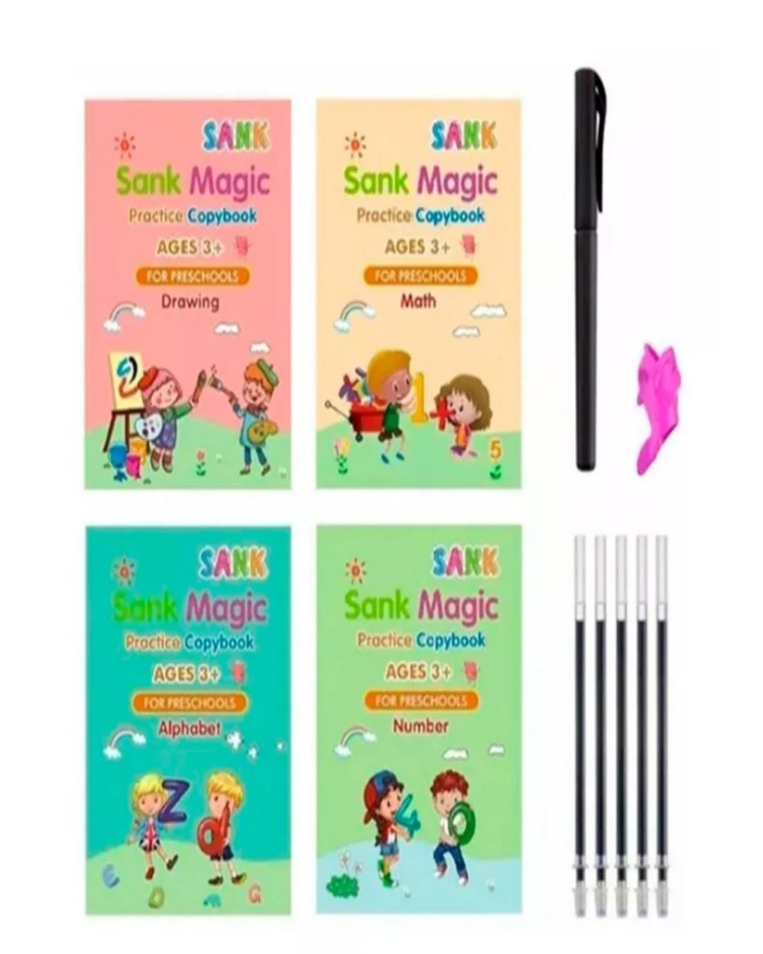 Set 4 Cuadernos Mágicos Caligrafía Montessori 📚✍️ + Bolígrafo + Recargas 🖊️ | La Forma Más Divertida de Mejorar la Escritura✨
