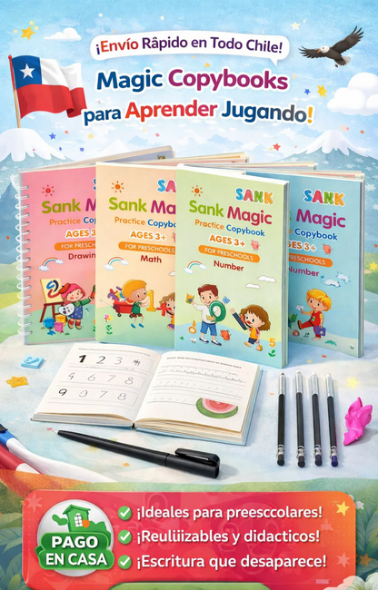 Set 4 Cuadernos Mágicos Caligrafía Montessori 📚✍️ + Bolígrafo + Recargas 🖊️ | La Forma Más Divertida de Mejorar la Escritura✨